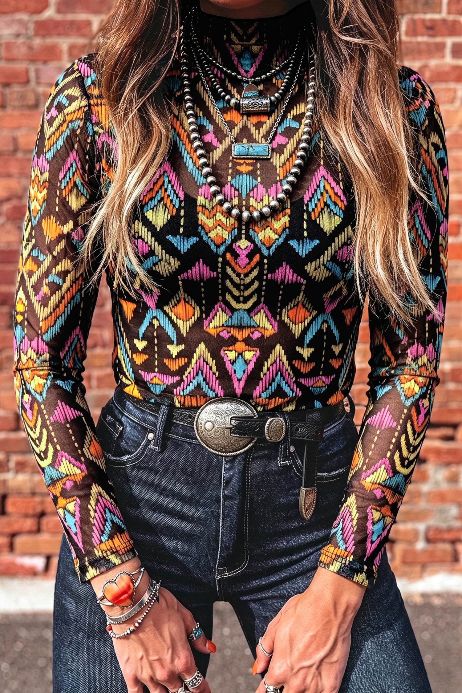 Black Abstract Print Stand Neck Mesh Top