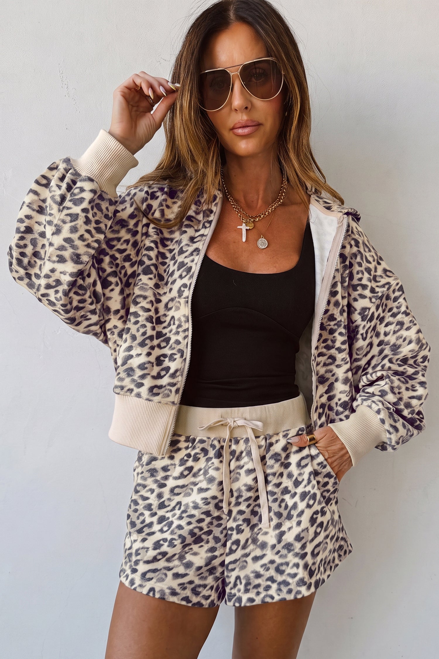Leopard Print Zip-Up Hoodie & Jogger Set