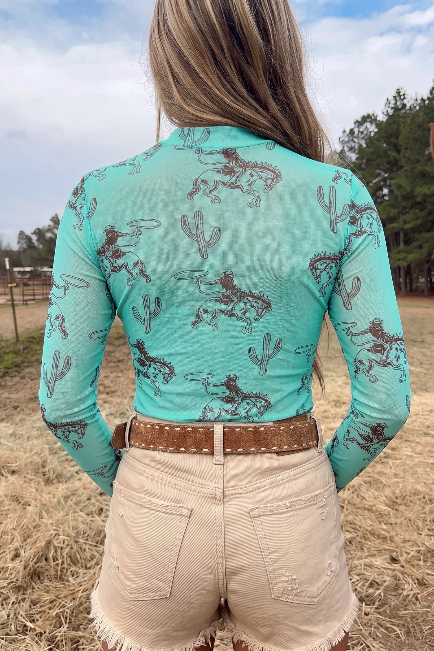 Aruba Blue Western Print High Neck Long Sleeve Mesh Top