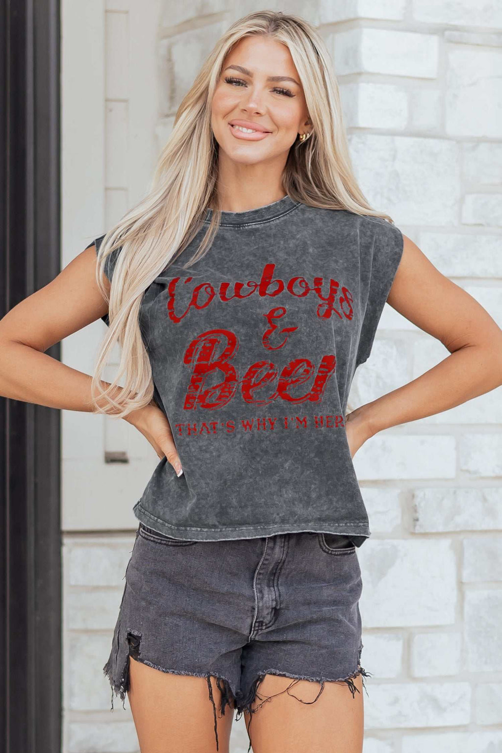 Sleeveless grey mineral wash tank top featuring a red "Cowboys & Beer" graphic with casual fit and rolled sleeves.