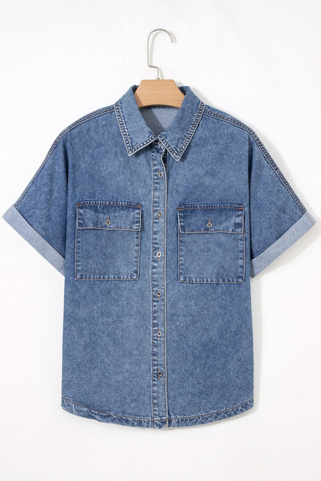 Blue short sleeve denim shirt, view 3