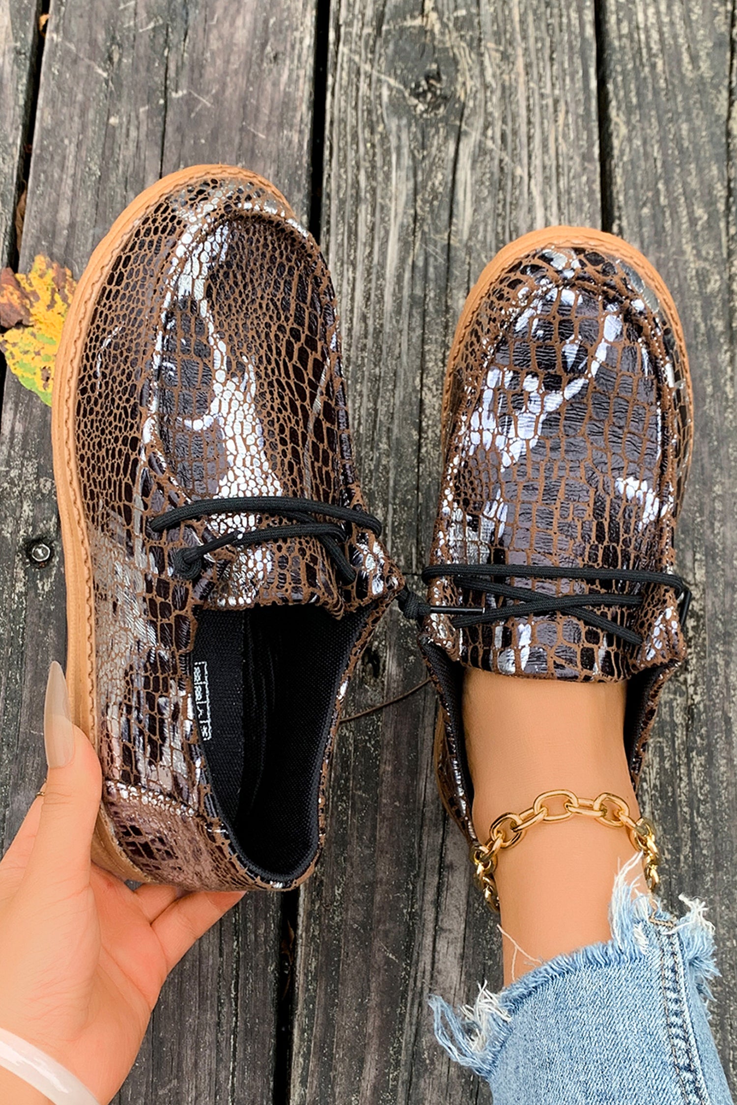 Mustard Ethnic Artistic Print Lace-up Detail Comfort Loafer Shoes