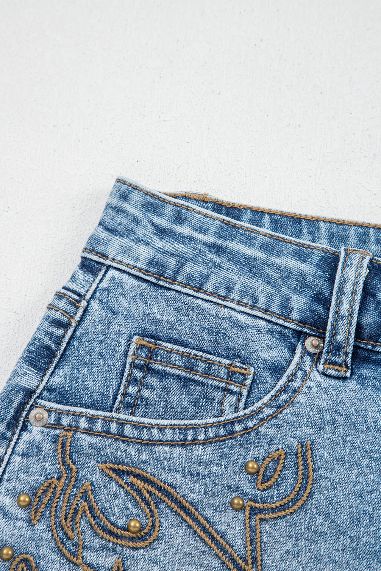 Dusk Blue Western Embroidery Stud Denim Shorts Summer Daily Wear