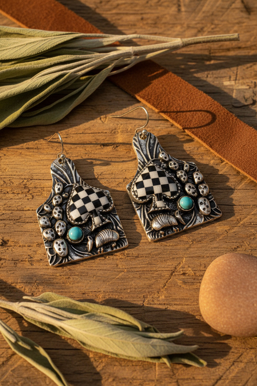 Western Cattle Tag, Armadillo & Spade Earrings with Checker Detail — 1½