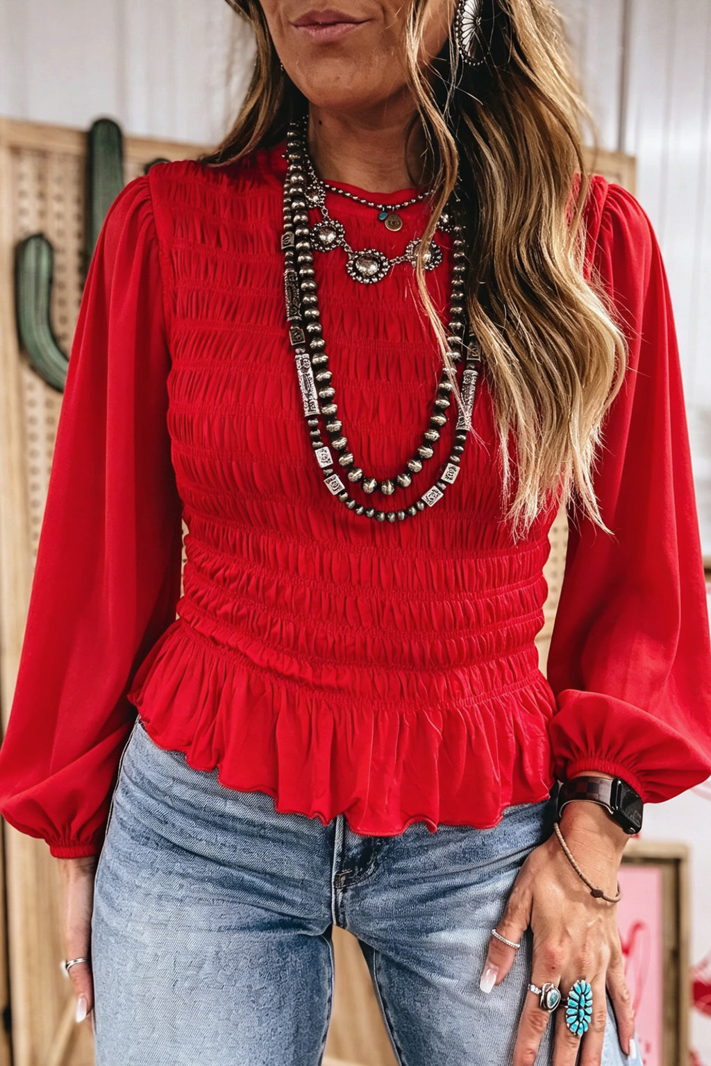 Jet Stream Solid Color Smocked Ruffle Hem Long Sleeve Blouse Dear-Lover Dropshipping