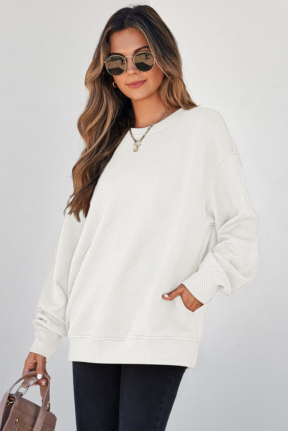 Coffee Solid Color Textured Round Neck Drop Shoulder Pullover Sweatshirt