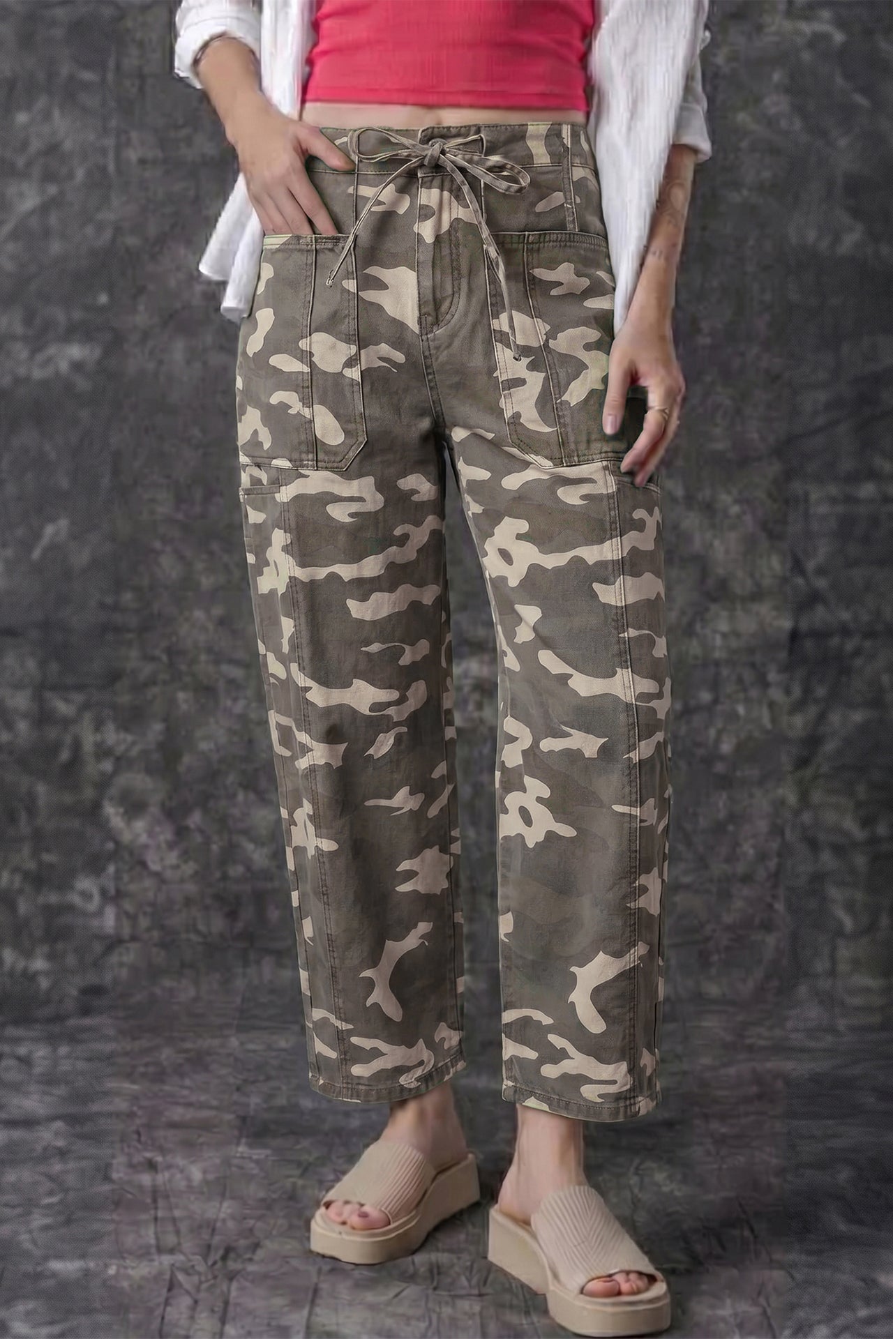 Khaki Leopard Printed Drawstring Elastic Waistband Pocketed Barrel Jeans