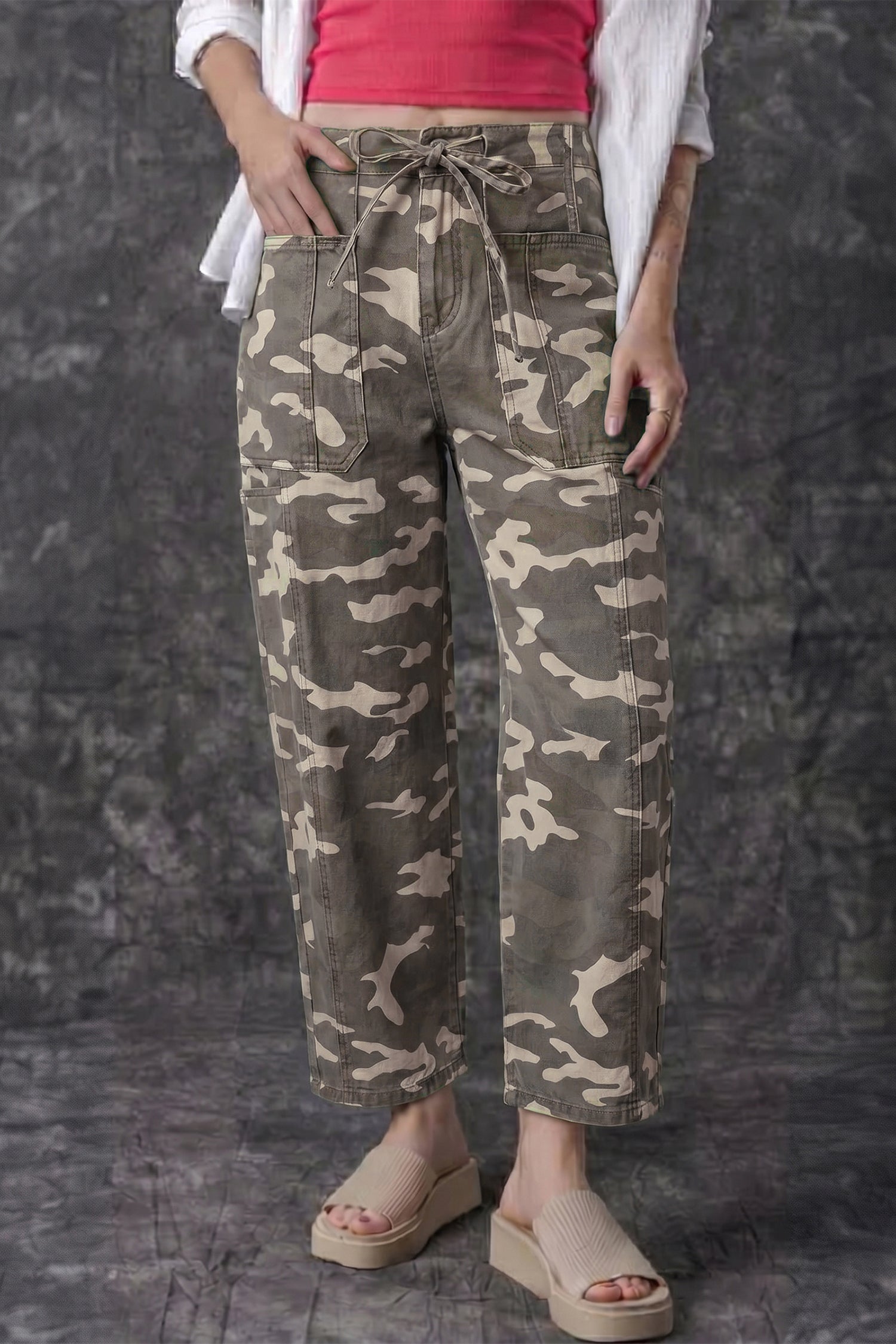 Khaki Leopard Printed Drawstring Elastic Waistband Pocketed Barrel Jeans