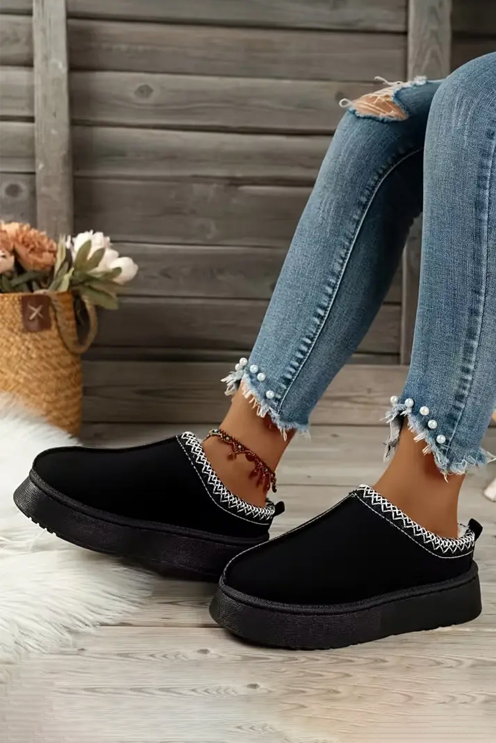 Black plush platform slippers, view 3