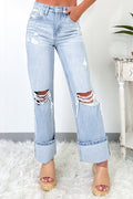 Women's light wash distressed straight jeans with cut-outs