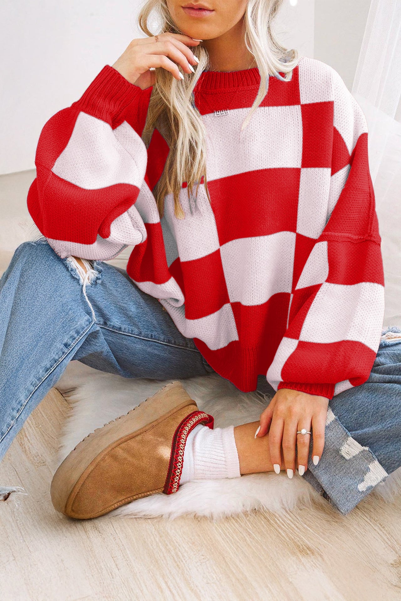 Black checkered bishop sleeve sweater in soft premium fabric for modern look