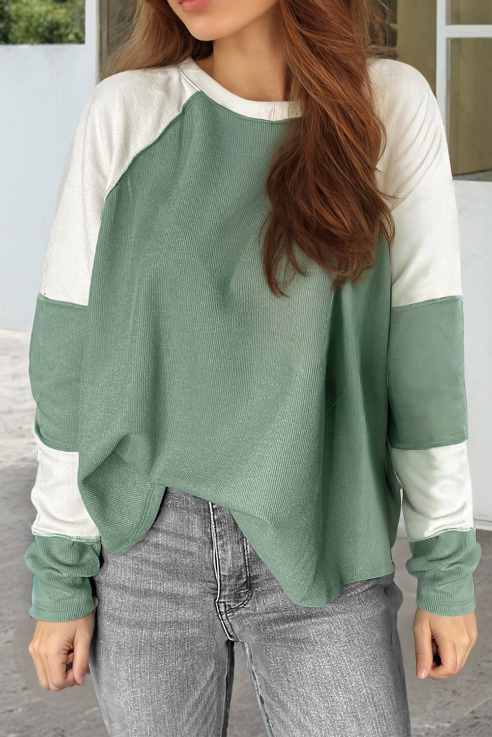 Mint Green Colorblock Raglan Long Sleeve Top