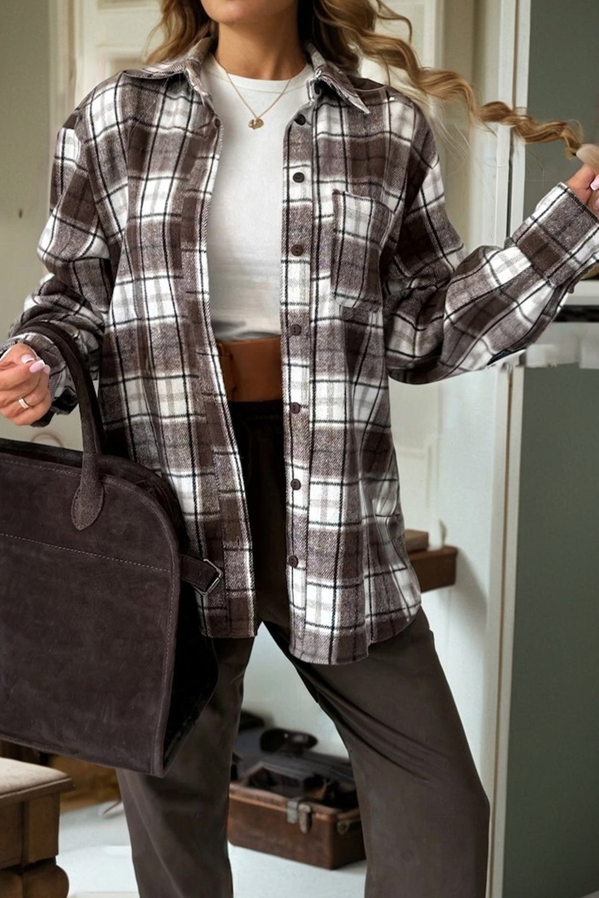 Dark Brown Flanel Plaid Single Chest Pocket Boyfriend Shacket Dear-Lover Dropshipping