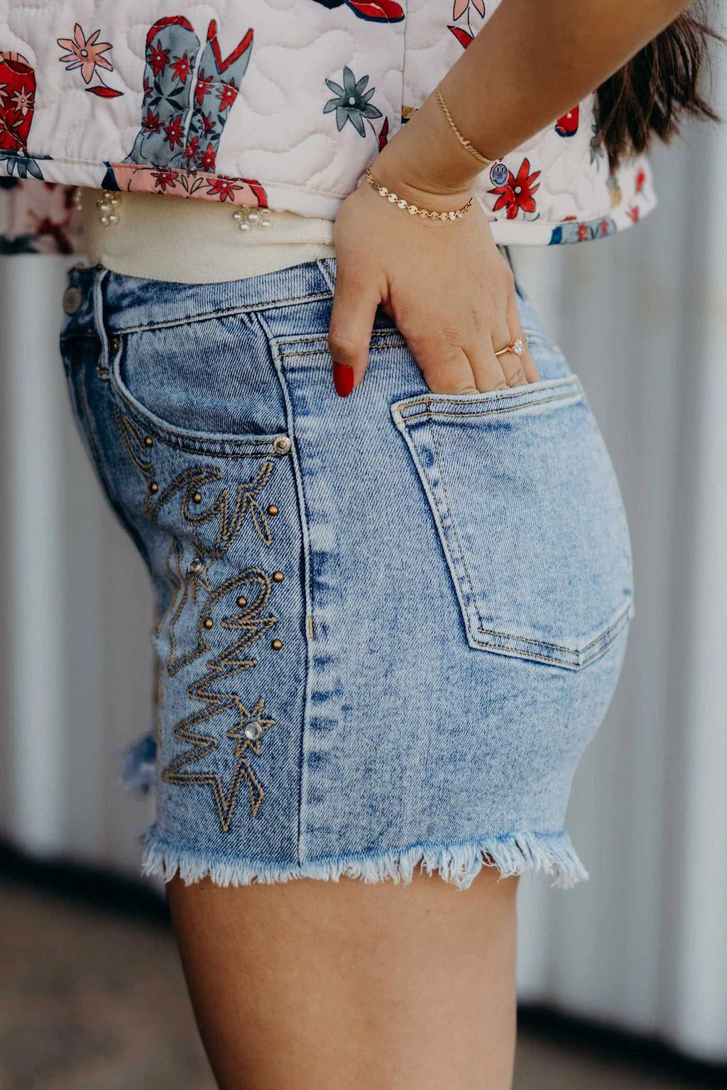 Dusk blue embroidered denim shorts, alternate view