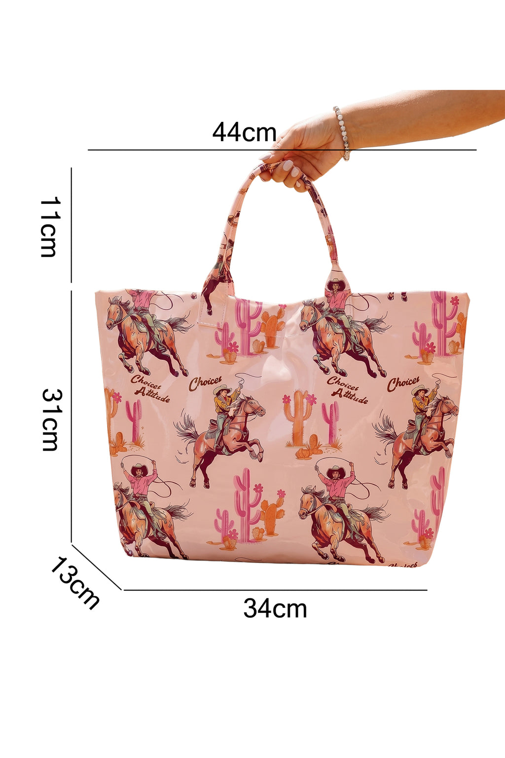 Pink cowboy vinyl tote, view 3