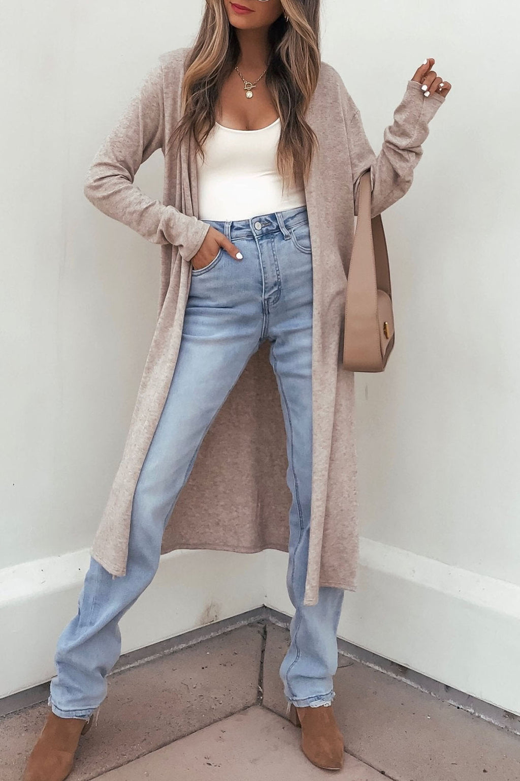 Women's parchment long sleeve tunic-length cardigan