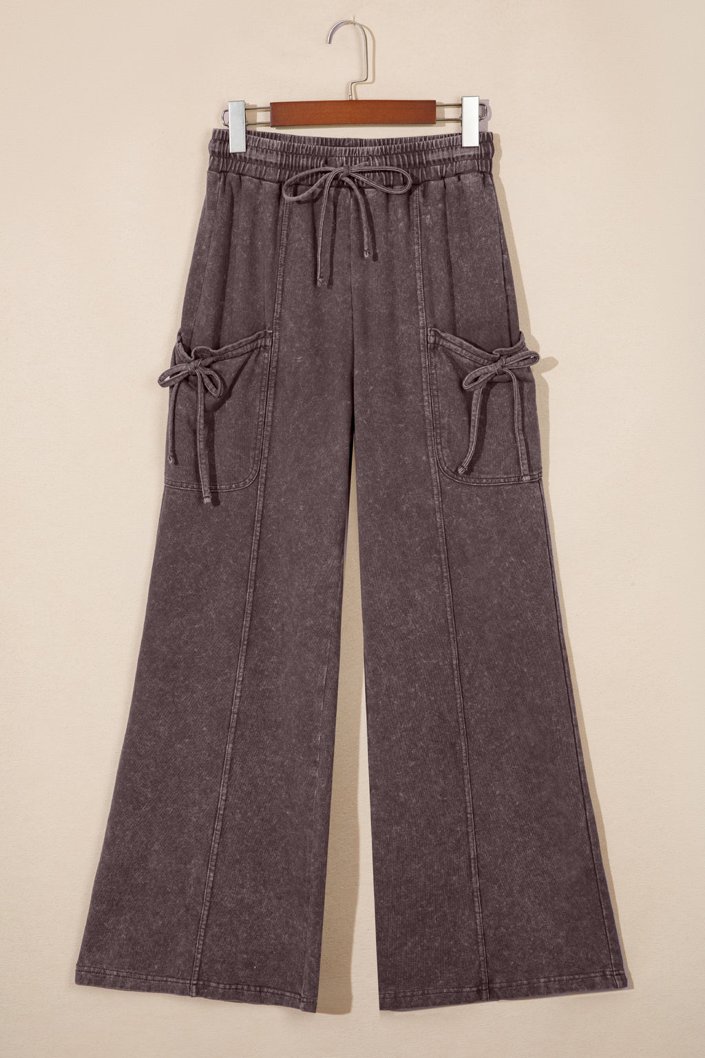 Dark Brown Cotton Mineral Wash Elastic Waist Drawstring Tie Detail Cargo Pants Dear-Lover Dropshipping