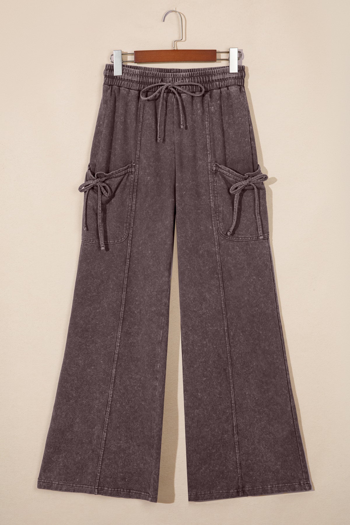 Dark Brown Cotton Mineral Wash Elastic Waist Drawstring Tie Detail Cargo Pants Dear-Lover Dropshipping
