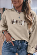 Women's crewneck sweatshirt with embroidered GOD IS GOOD western lettering