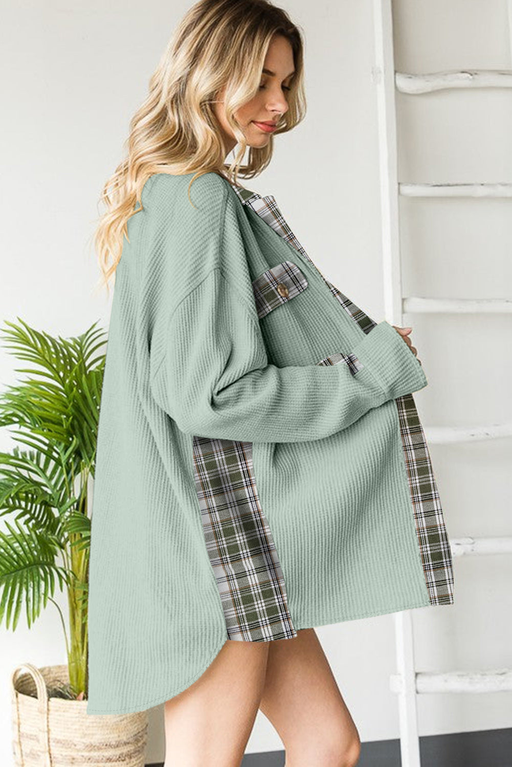 Grass Green Plaid Patchwork Waffle Thermal Knit Shacket Dear-Lover Dropshipping