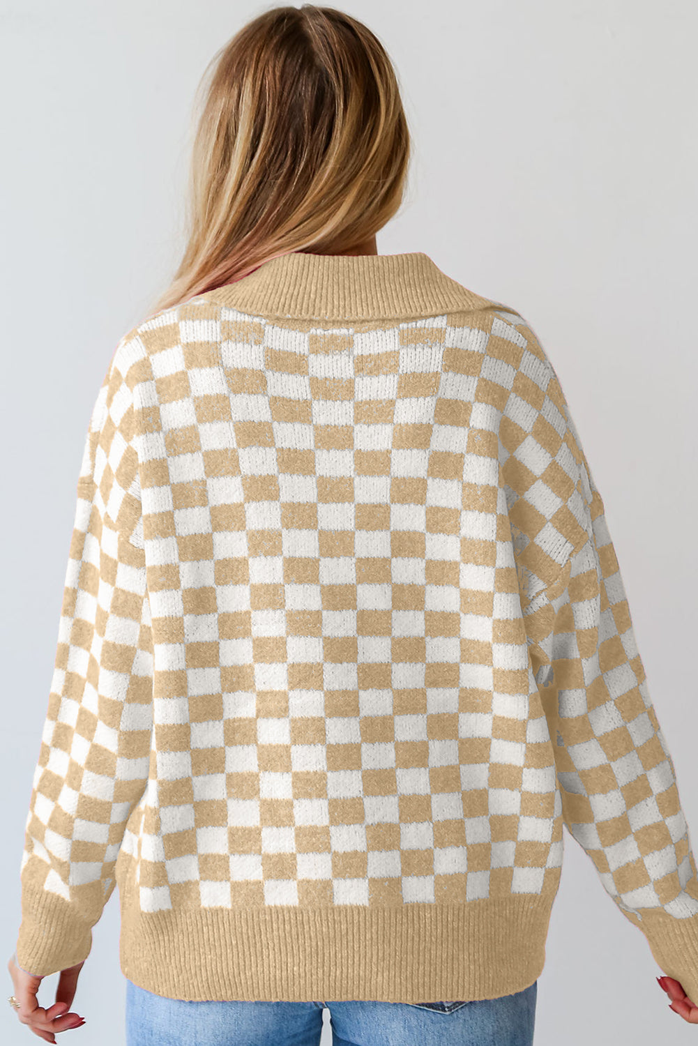 Apricot Checkered Collared V-Neck Sweater