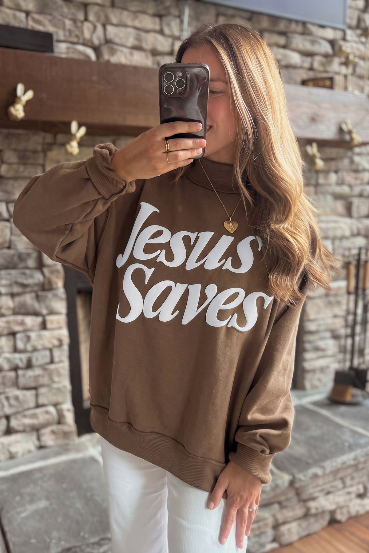 Dark Brown Jesus Saves Slogan Print Stand Neck Baggy Sweatshirt Dear-Lover Dropshipping