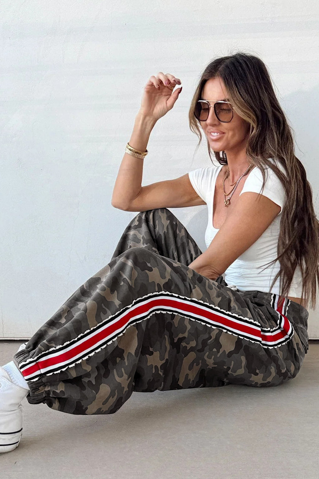 Green Camouflage Print Striped Side Panel Patchwork Drawstring Pants Dear-Lover Dropshipping