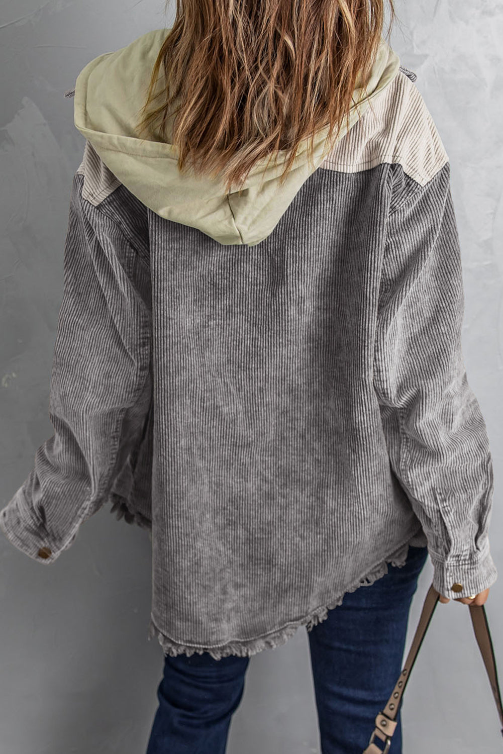 Gray Color Block Button Down Hooded Corduroy Jacket Dear-Lover Dropshipping