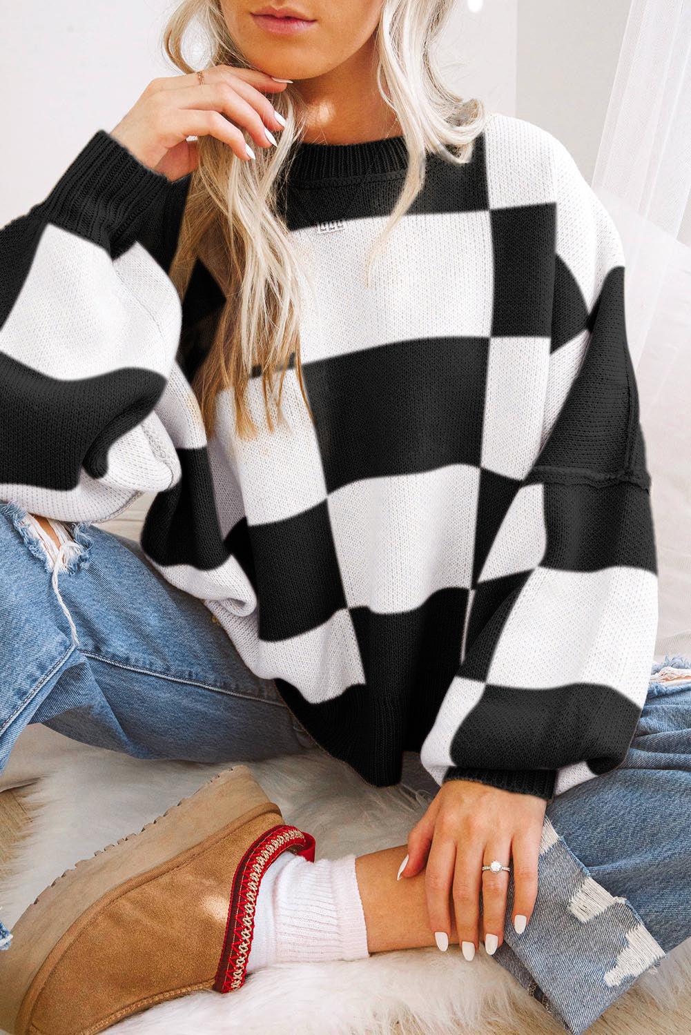 Black checkered bishop sleeve sweater in premium soft fabric