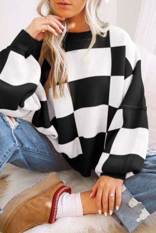Black checkered bishop sleeve sweater in premium soft fabric