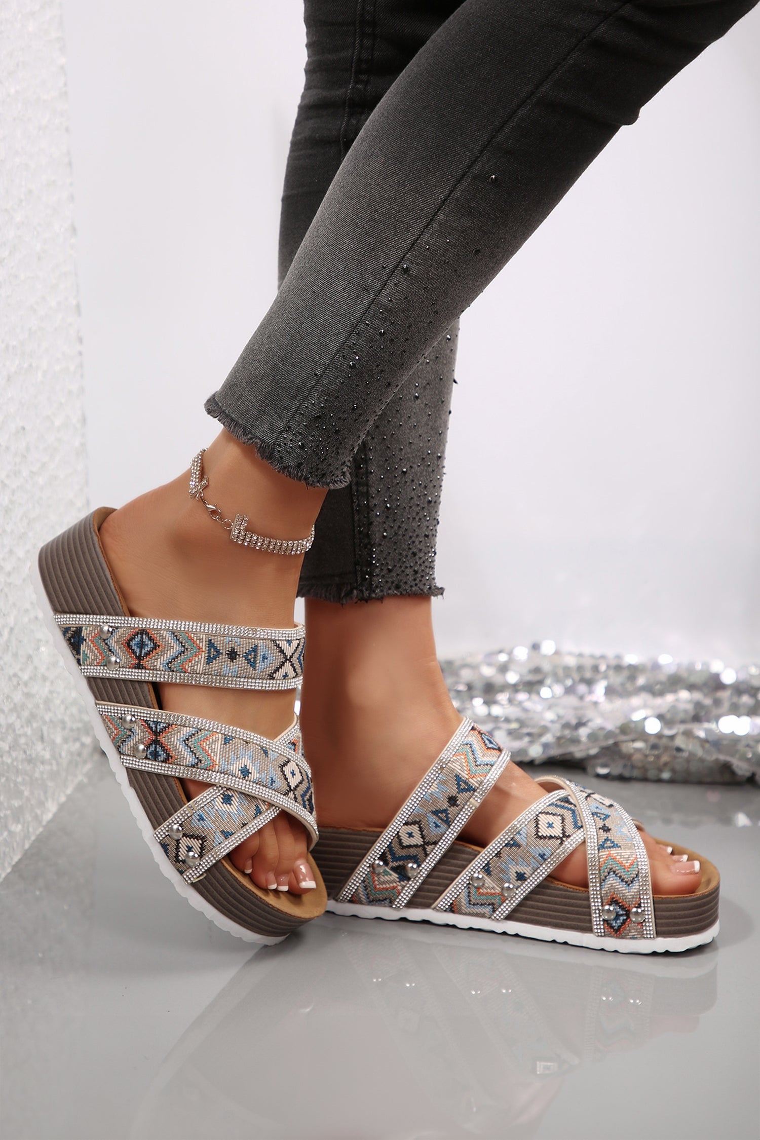 Black Rhinestone Strappy Platform Slippers
