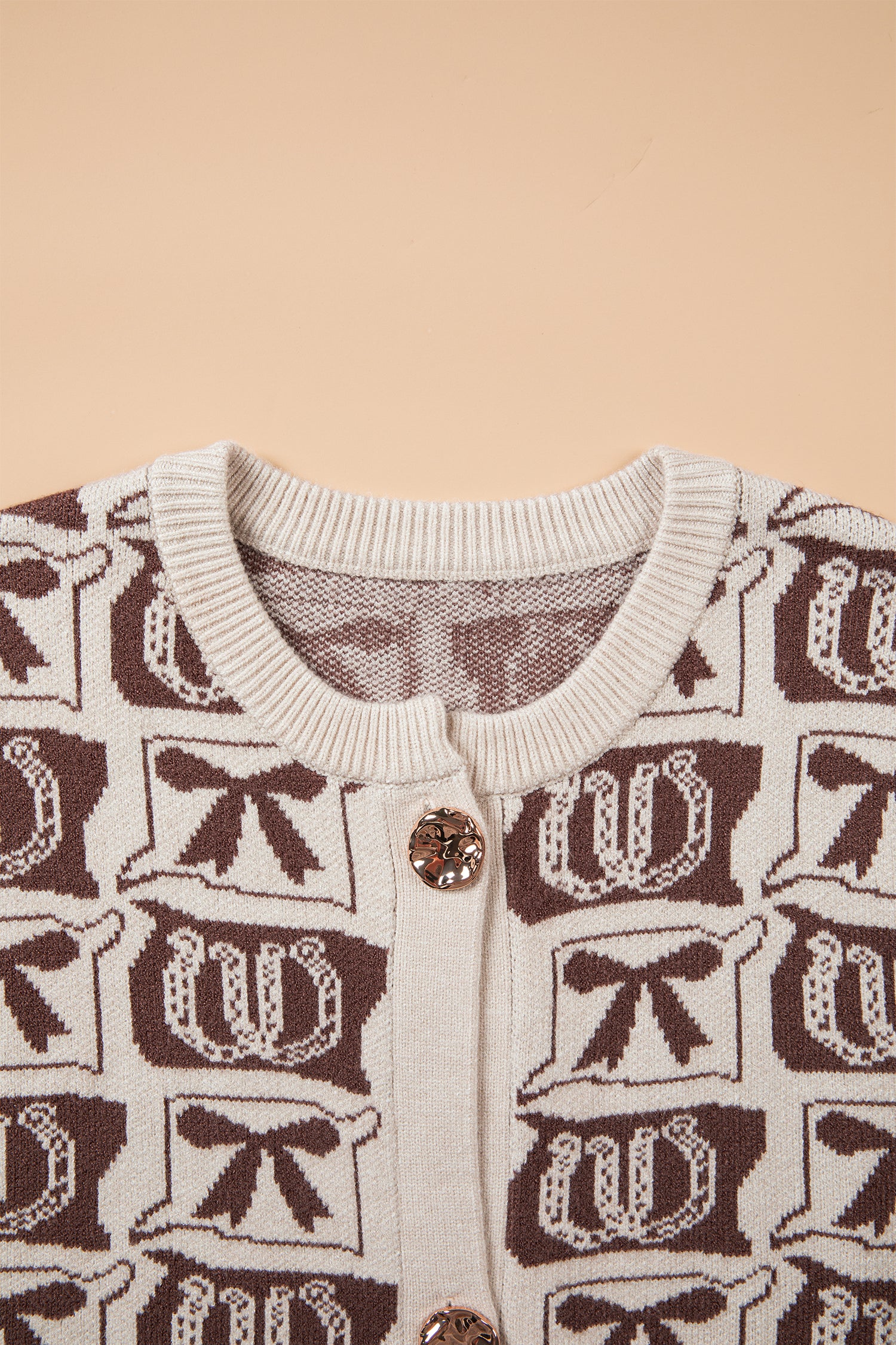 Brown Western Horseshoe Bow Pattern Button Front Sleeveless Knit Sweater
