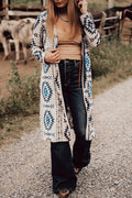 Women's long open-front duster cardigan with western aztec print