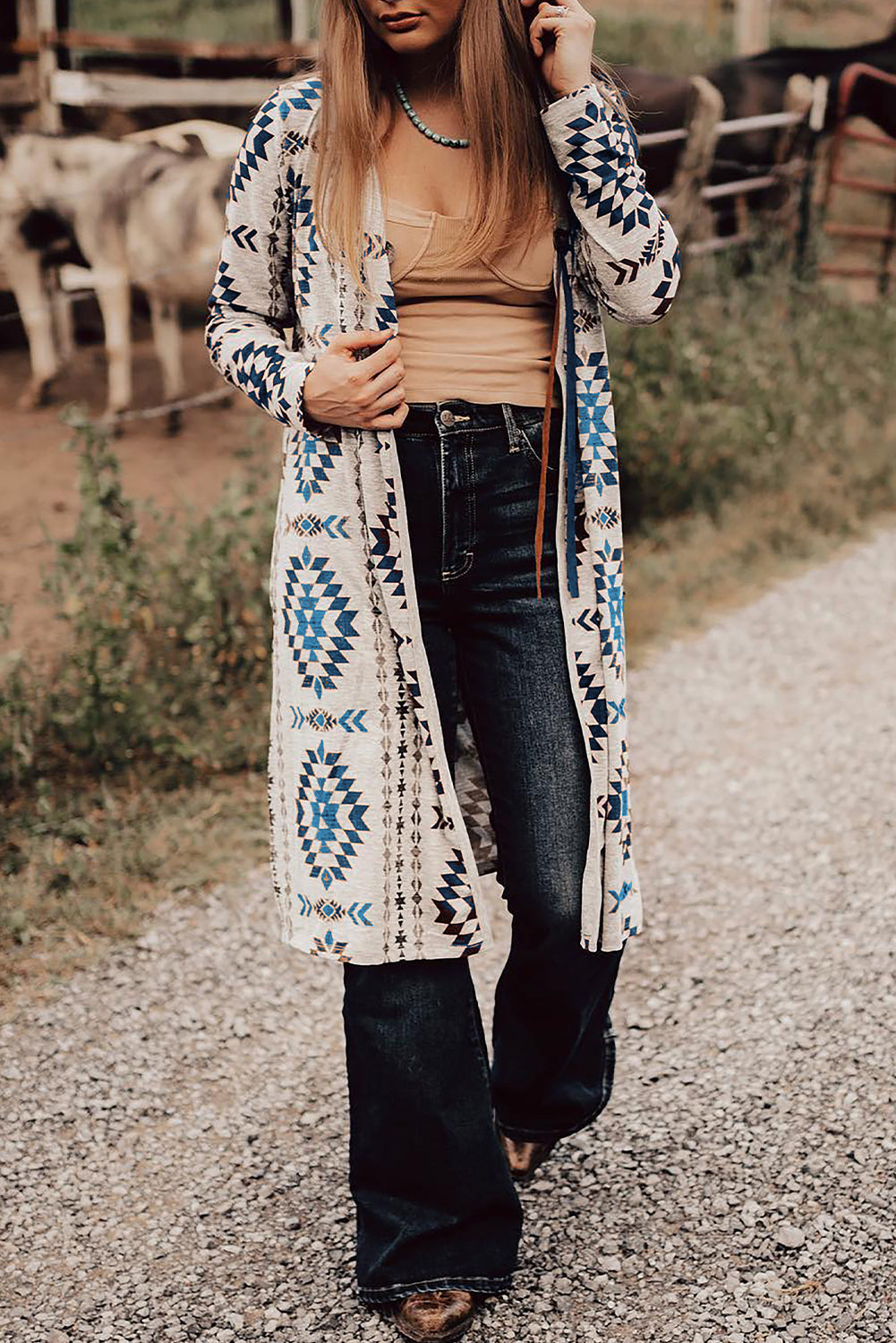 Western Aztec Print Long Open Cardigan