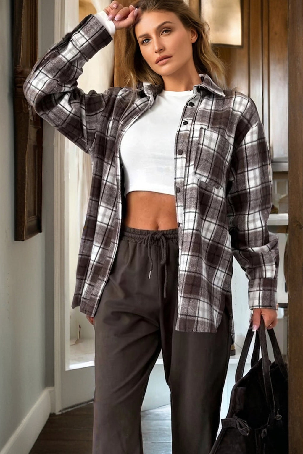 Dark Brown Flanel Plaid Single Chest Pocket Boyfriend Shacket Dear-Lover Dropshipping