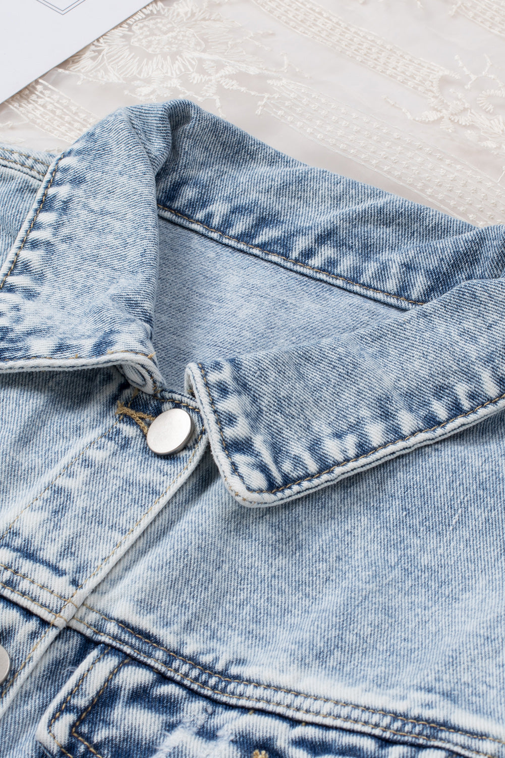Sky blue distressed denim jacket, view 7
