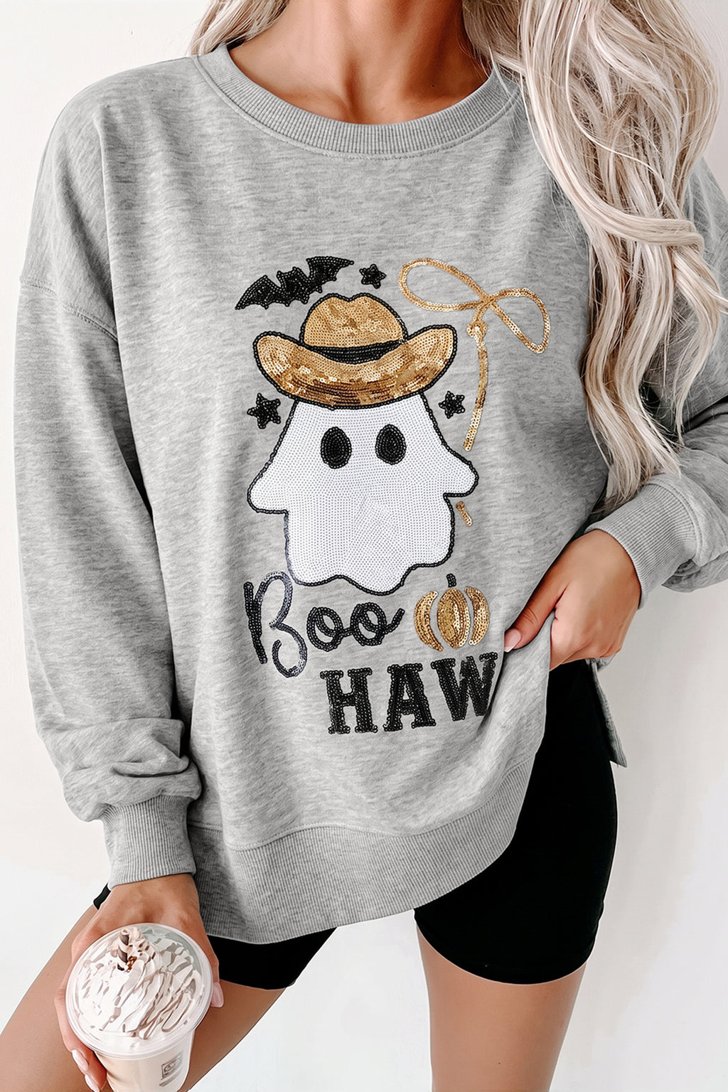 Women's grey sweatshirt with sequin western ghost appliqué