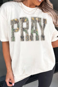 Women's white round neck tee with camo PRAY lettering
