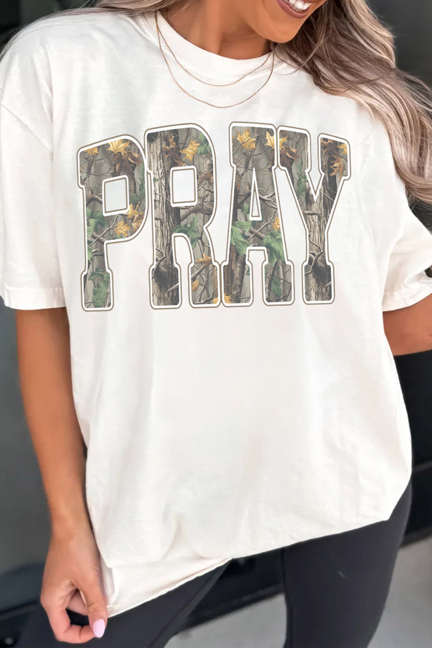 White PRAY camo letter print t-shirt chest graphic close up
