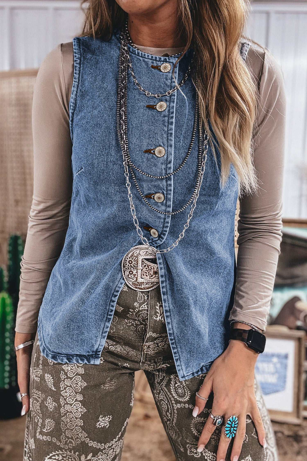 Black button front denim vest, view 7