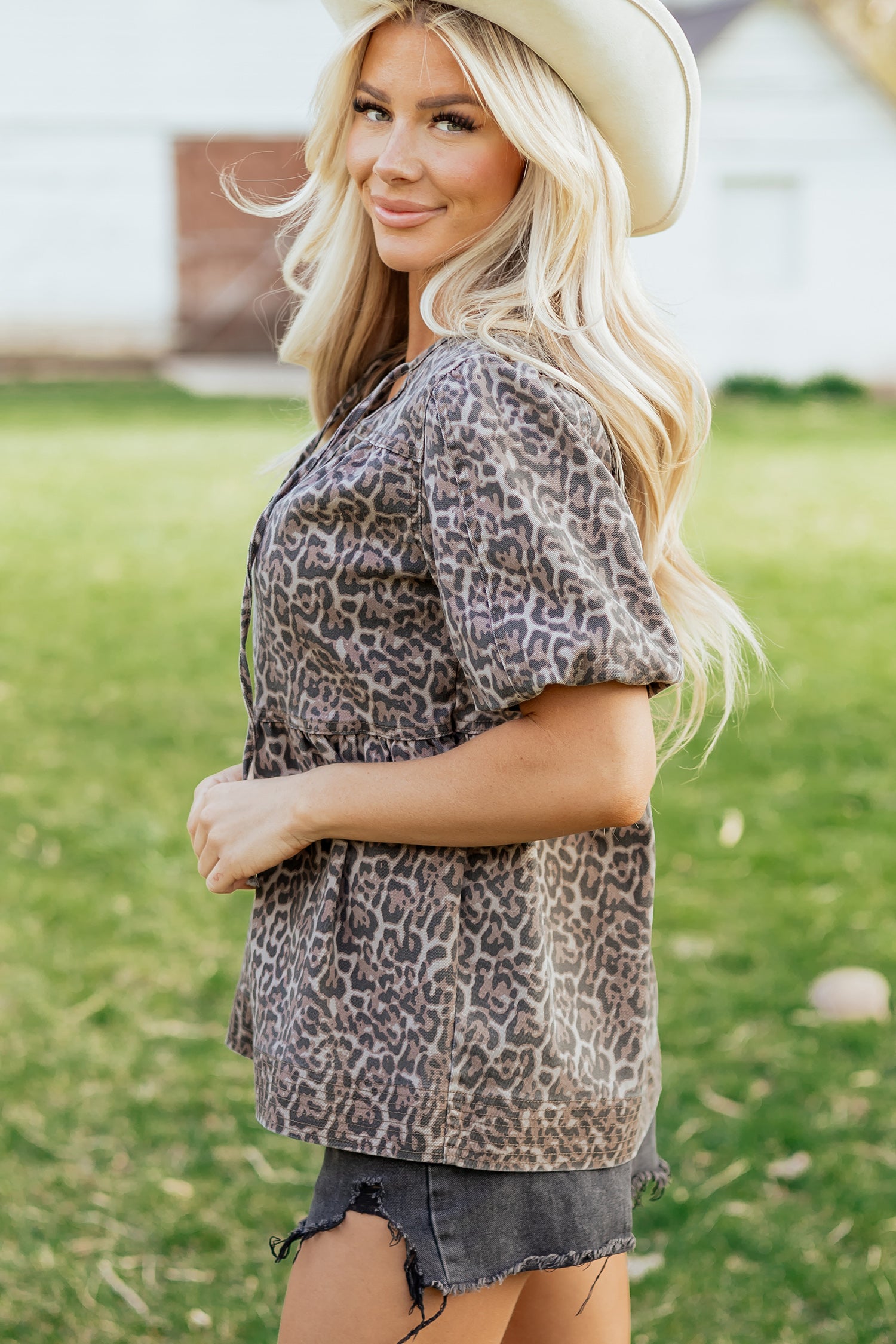 Brown Leopard Tie Neck Short Puff Sleeve Denim Babydoll Top