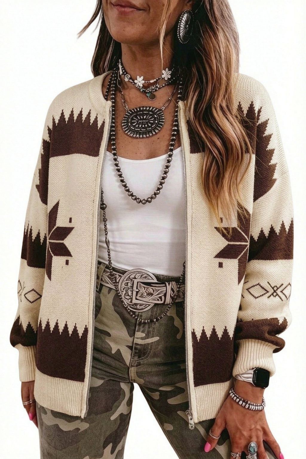 Beige Western Geometric Print Zip Front Loose Sweater Cardigan Dear-Lover Dropshipping