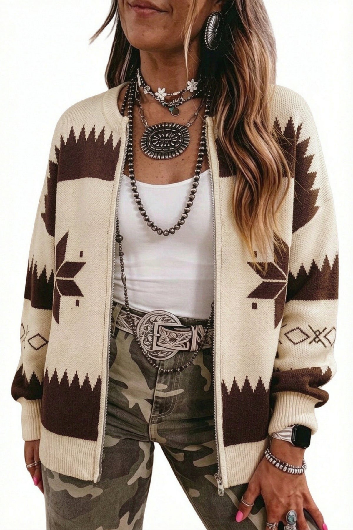 Beige Western Geometric Print Zip Front Loose Sweater Cardigan Dear-Lover Dropshipping