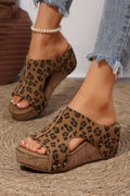 Women's chestnut leopard faux suede wedge slippers with studs and cutouts