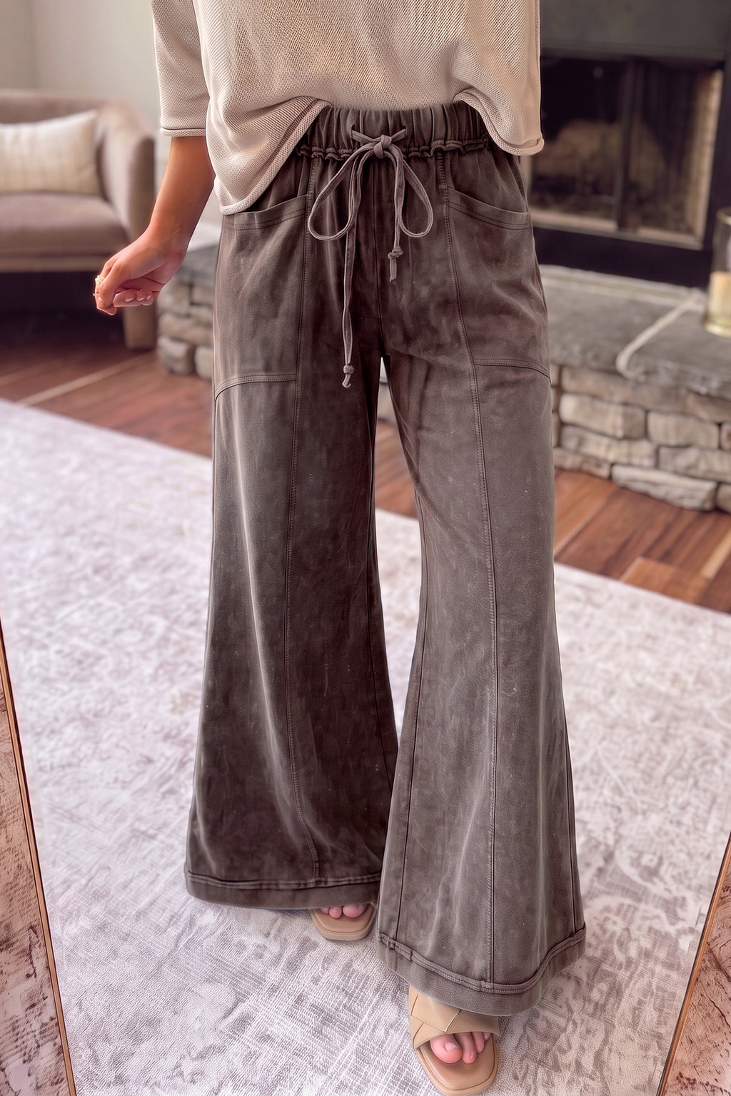 Coffee Mineral Wash Seam Detail Flare Leg Drawstring Pants Dear-Lover Dropshipping