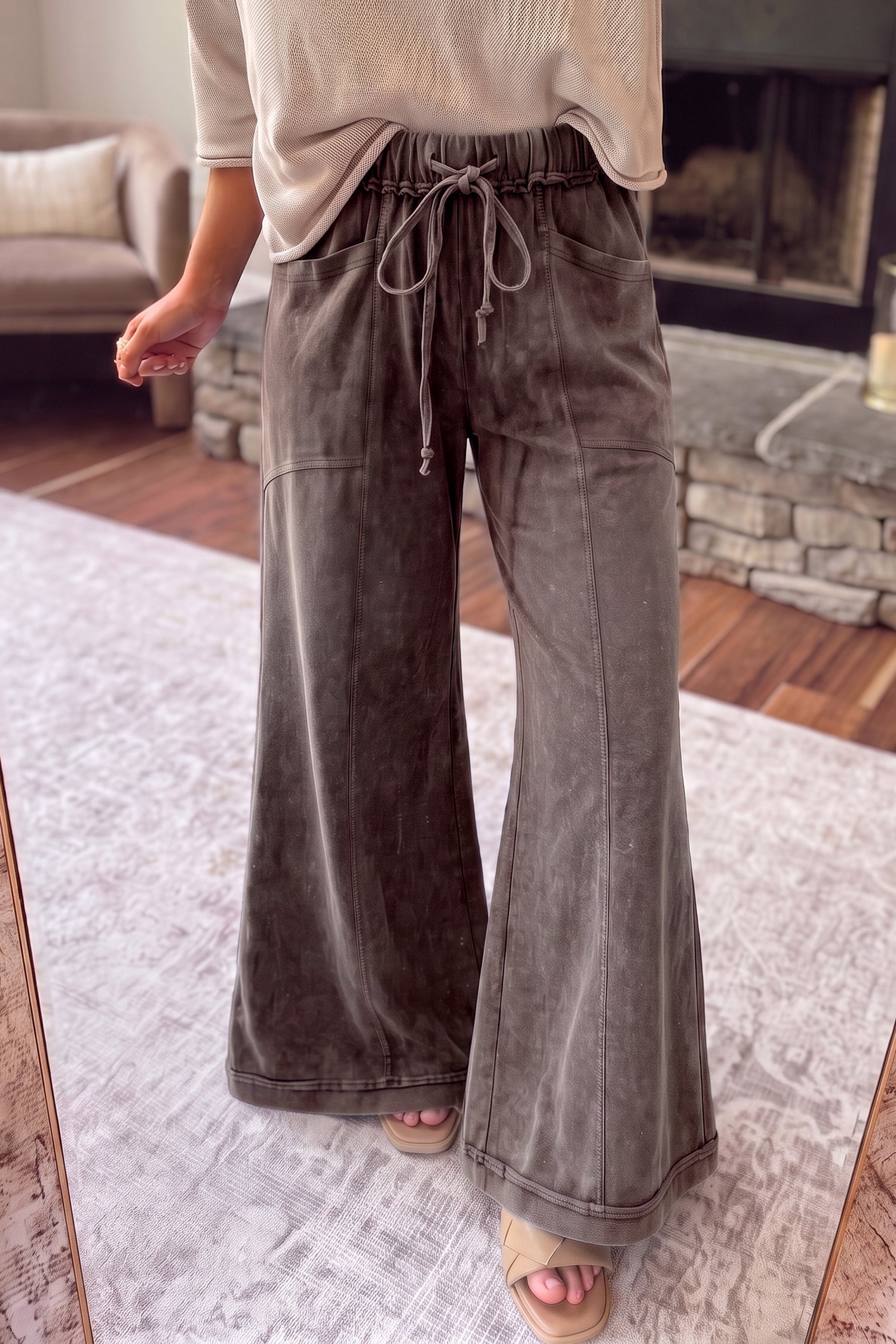 Coffee Mineral Wash Seam Detail Flare Leg Drawstring Pants Dear-Lover Dropshipping