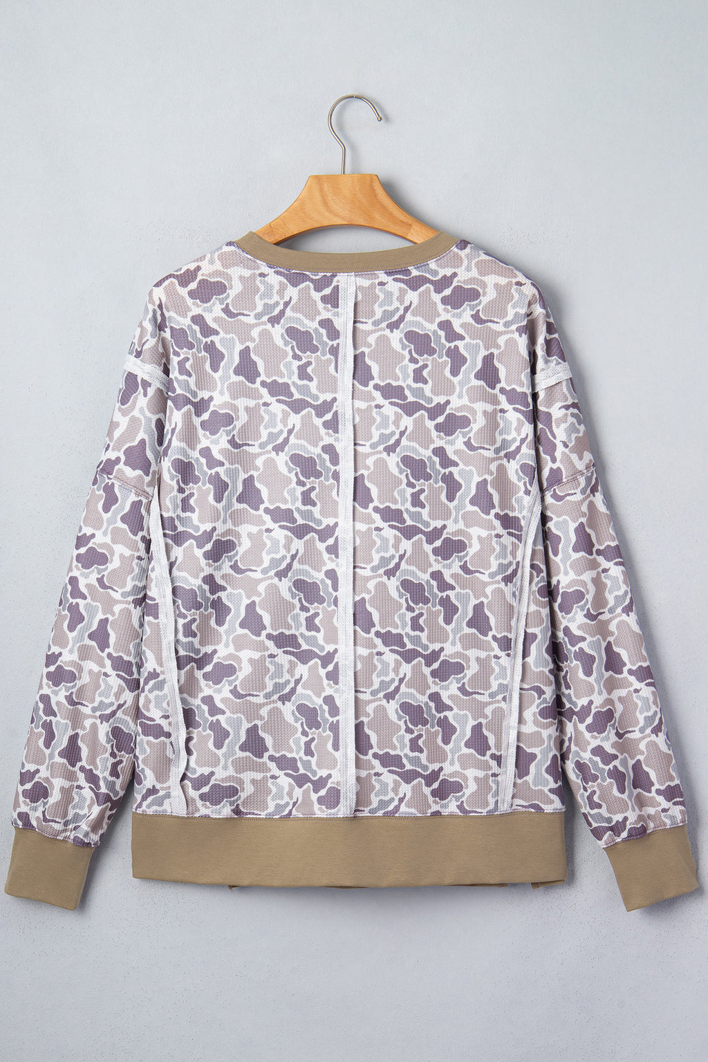 Khaki Camouflage Print Textured Knit Color Block Trim Long Sleeve Top Dear-Lover Dropshipping