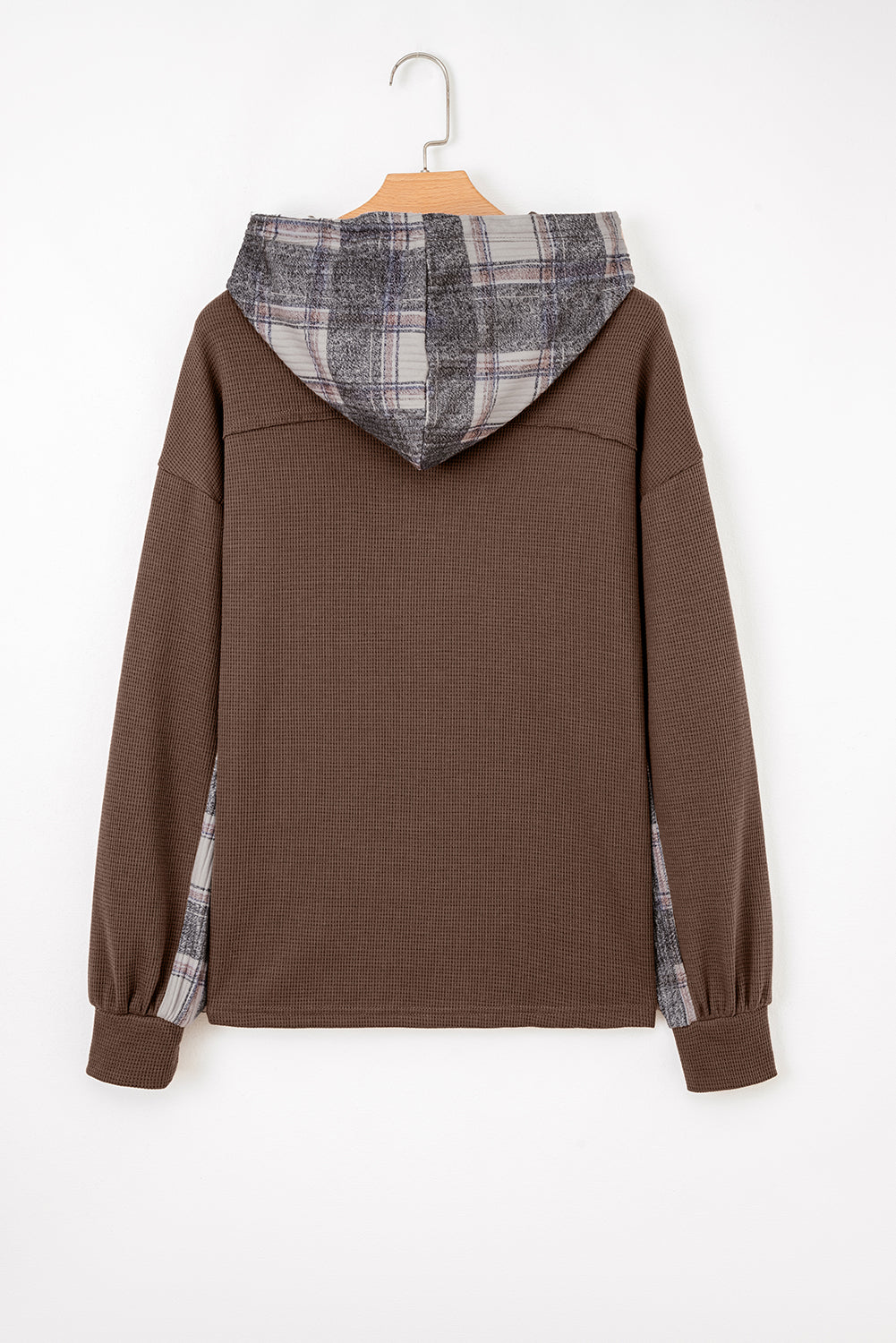 Brown Plaid Patchwork Button Down Drawstring Hooded Shacket Dear-Lover Dropshipping