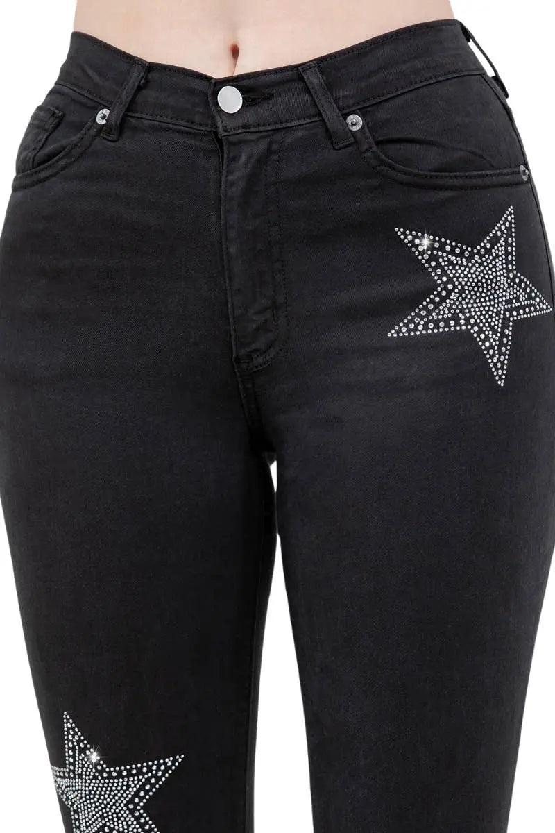 Black Denim Star Rhinestone Bell Bottom Jeans -32” Inseam