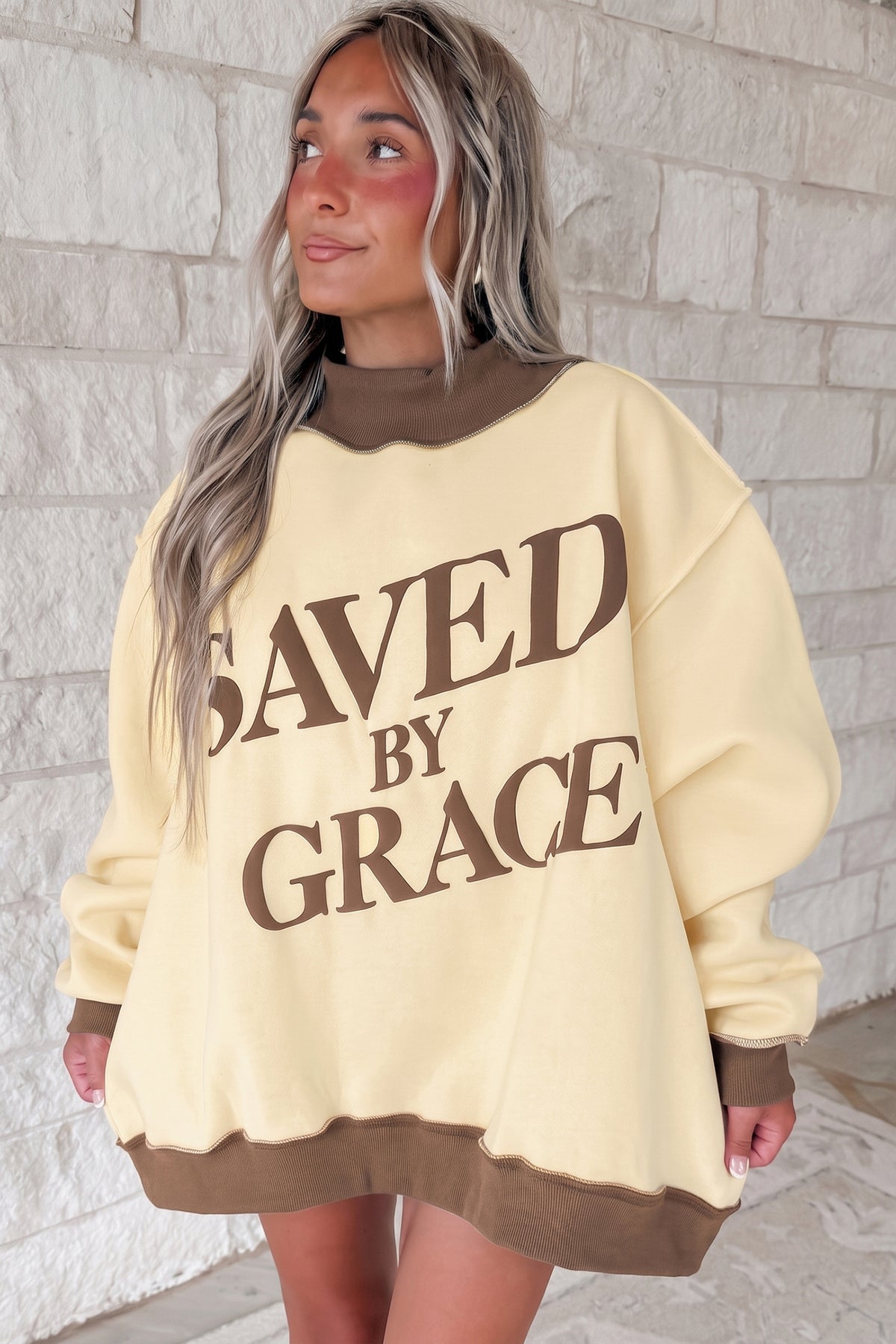 Beige Saved By Grace Print Color Block Mock Neck Oversized Sweatshirt Dear-Lover Dropshipping